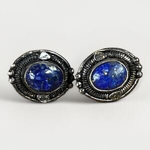 Navajo Oval Sterling Silver Lapis Lazuli Post Earrings Handmade Native American